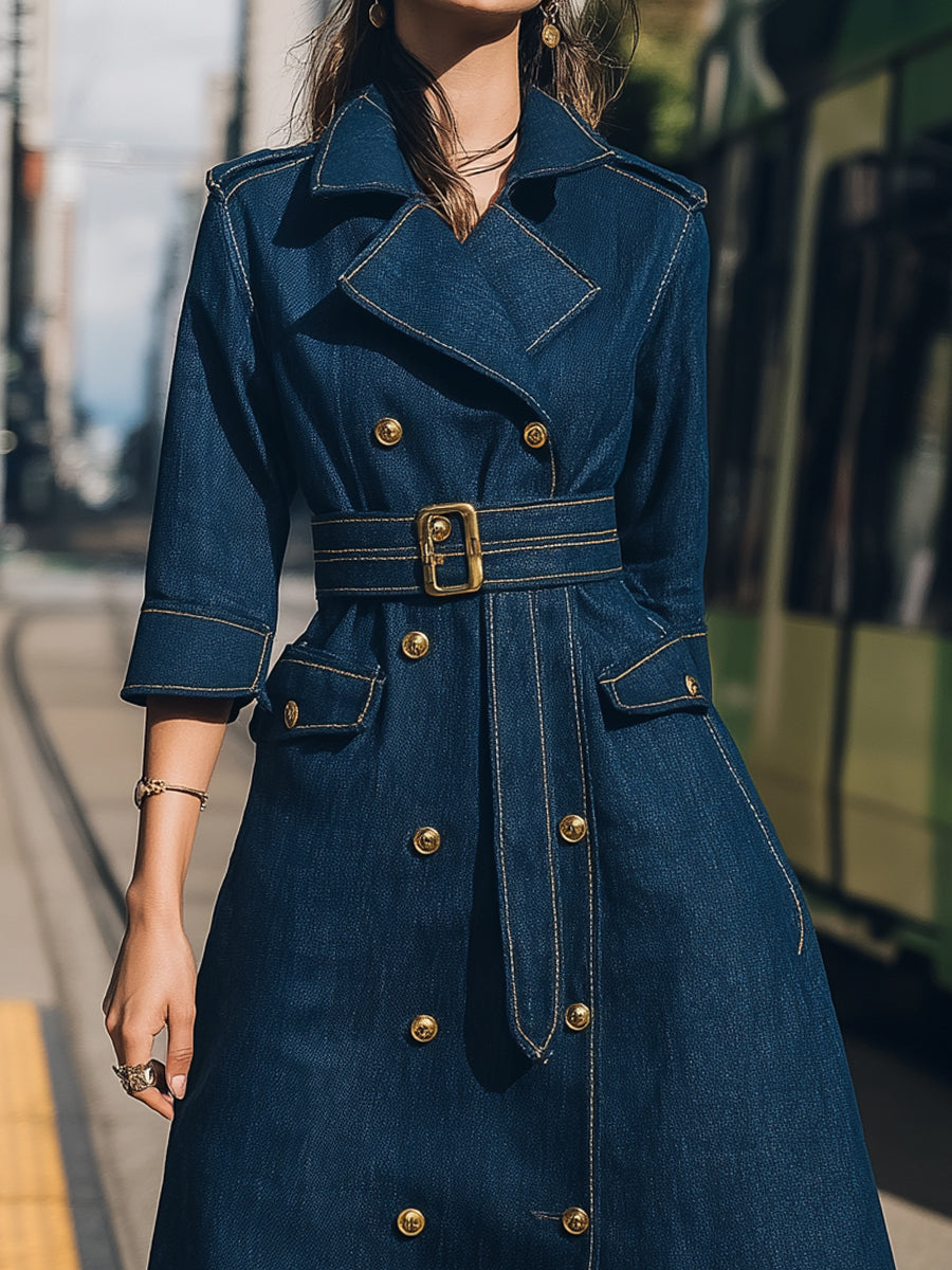 Elena | Belted Denim Trench Dress with Gold Buttons - Lumina Vancouver - Lumina Vancouver
