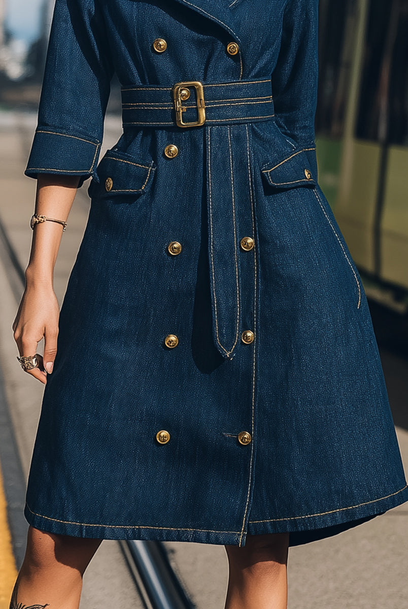 Elena | Belted Denim Trench Dress with Gold Buttons - Lumina Vancouver - Lumina Vancouver