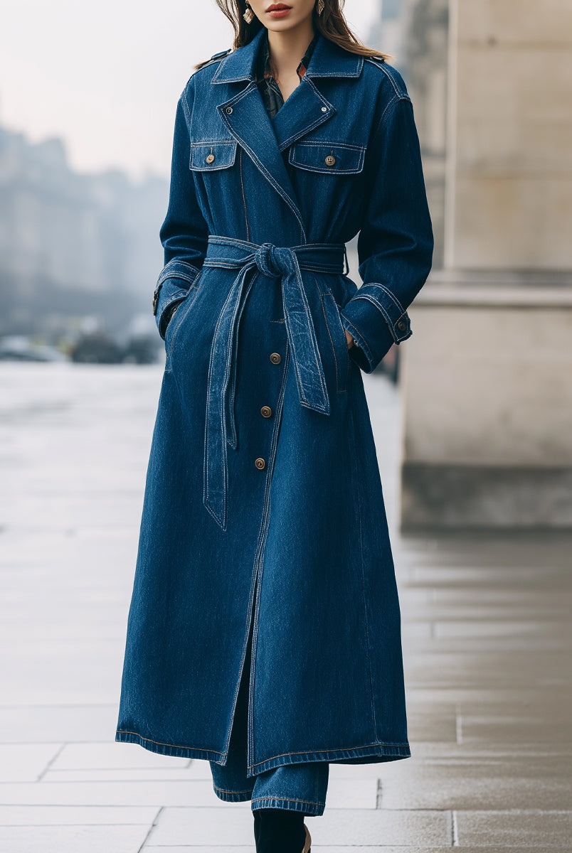 Elena | Longline Denim Trench Coat with Belt - Lumina Vancouver - Lumina Vancouver