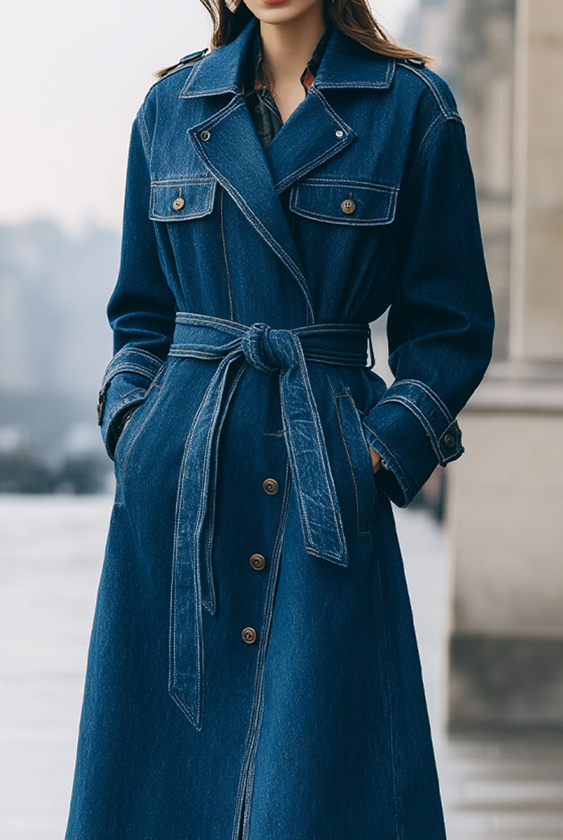 Elena | Longline Denim Trench Coat with Belt - Lumina Vancouver - Lumina Vancouver