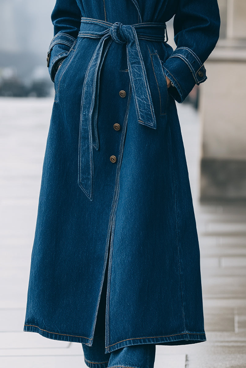 Elena | Longline Denim Trench Coat with Belt - Lumina Vancouver - Lumina Vancouver