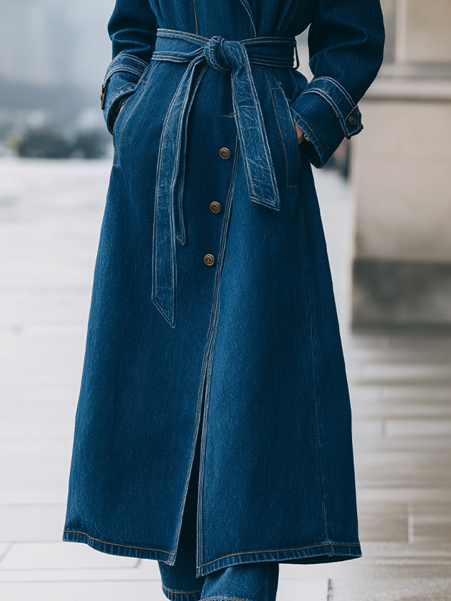 Elena | Longline Denim Trench Coat with Belt - Lumina Vancouver - Lumina Vancouver