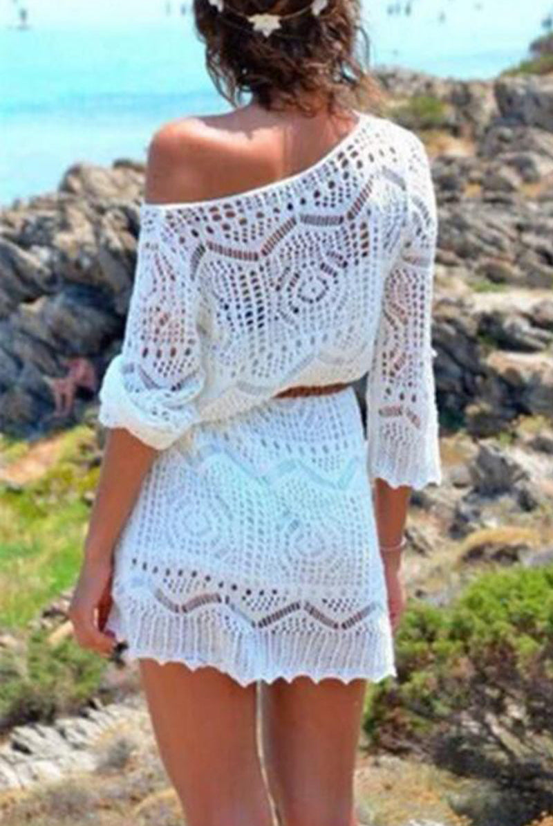 Women's Crochet Beach Cover-Up Dress - Long Sleeve - Lightweight Knit - Short Hem by Lumina Vancouver