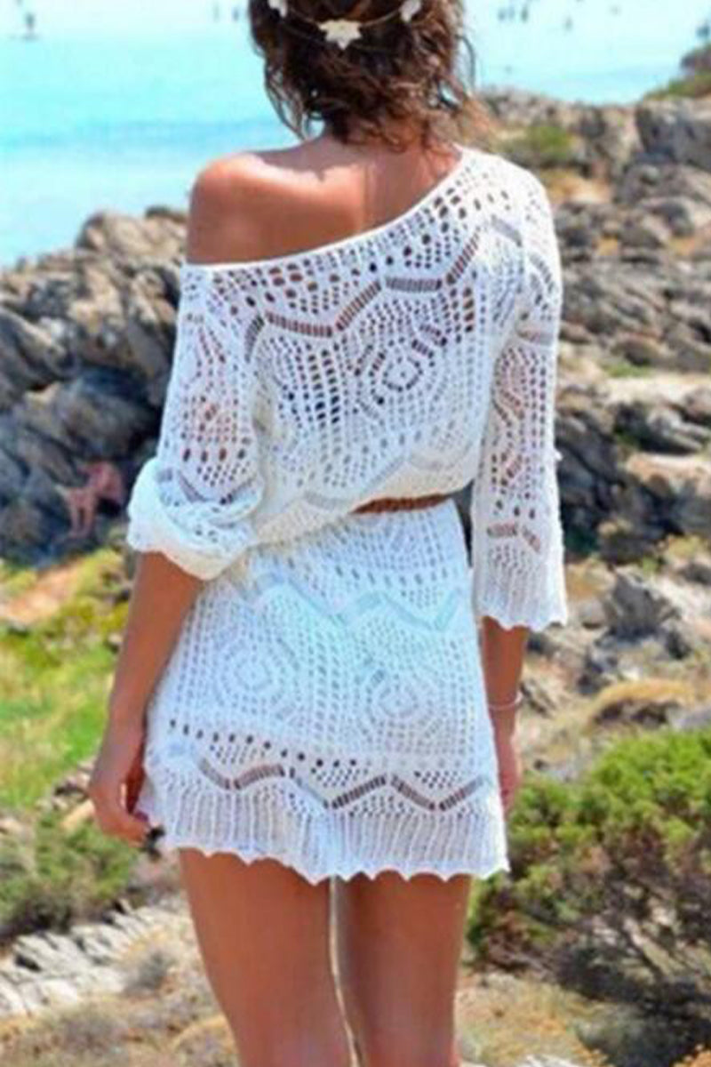 Women's Crochet Beach Cover-Up Dress - Long Sleeve - Lightweight Knit - Short Hem by Lumina Vancouver
