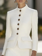 Elena | Textured Blazer with Stand Collar and Gold Buttons – Lumina Vancouver - Lumina Vancouver