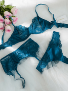 Blue Lace Satin Mesh Push-Up Sexy Lingerie Set