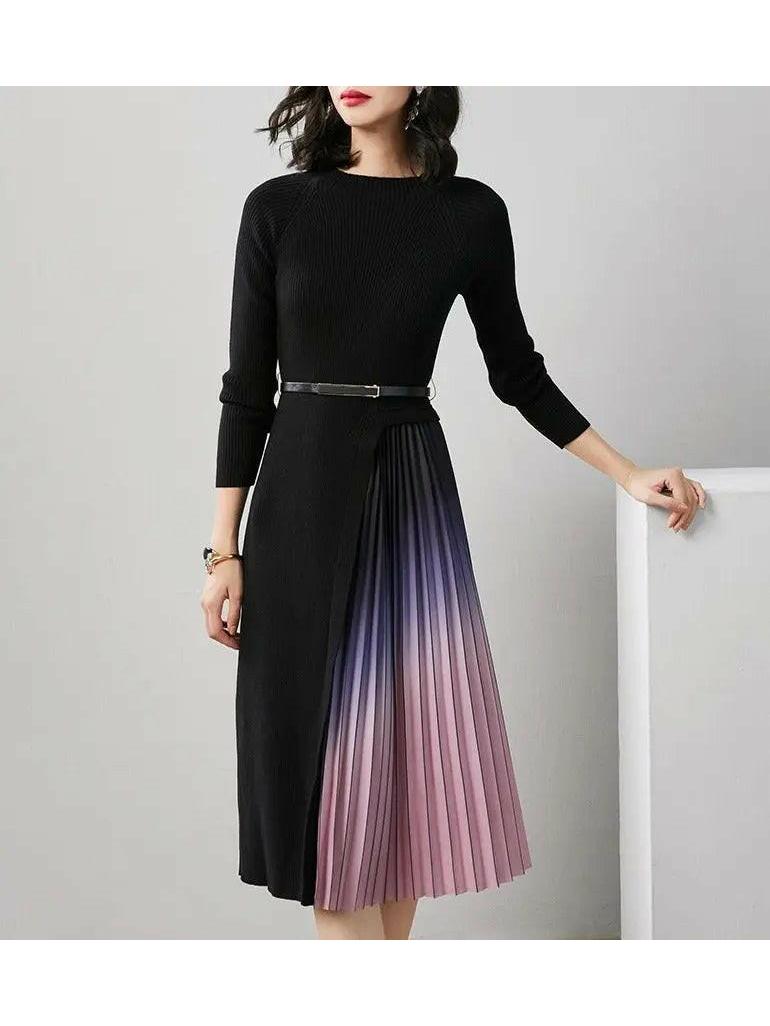 Giulia | Gradient Pleated Splicing Belted Knit Dress