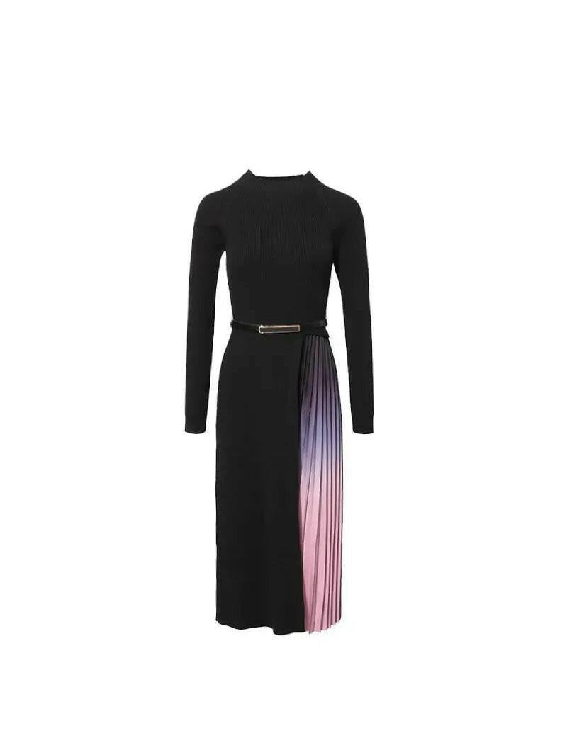 Giulia | Gradient Pleated Splicing Belted Knit Dress