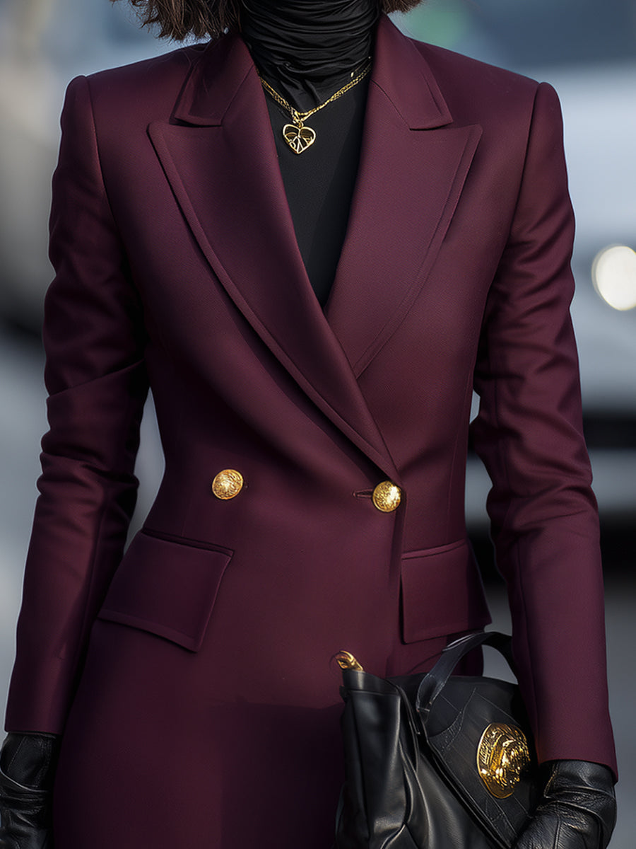 Burgundy | Double-Breasted Blazer with Gold Accents - Lumina Vancouver - Lumina Vancouver