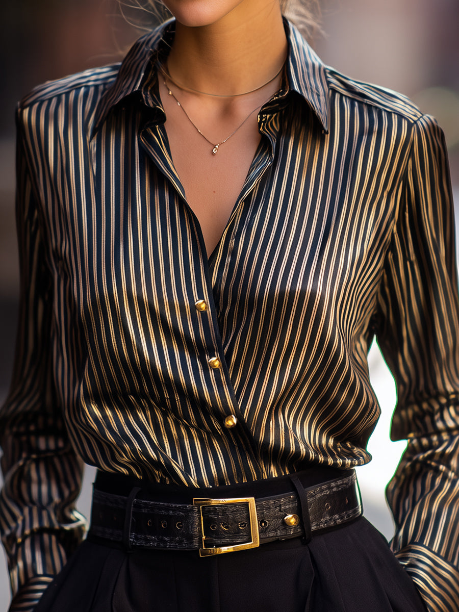Isabelle | Metallic Stripe Satin Blouse - Lumina Vancouver - Lumina Vancouver