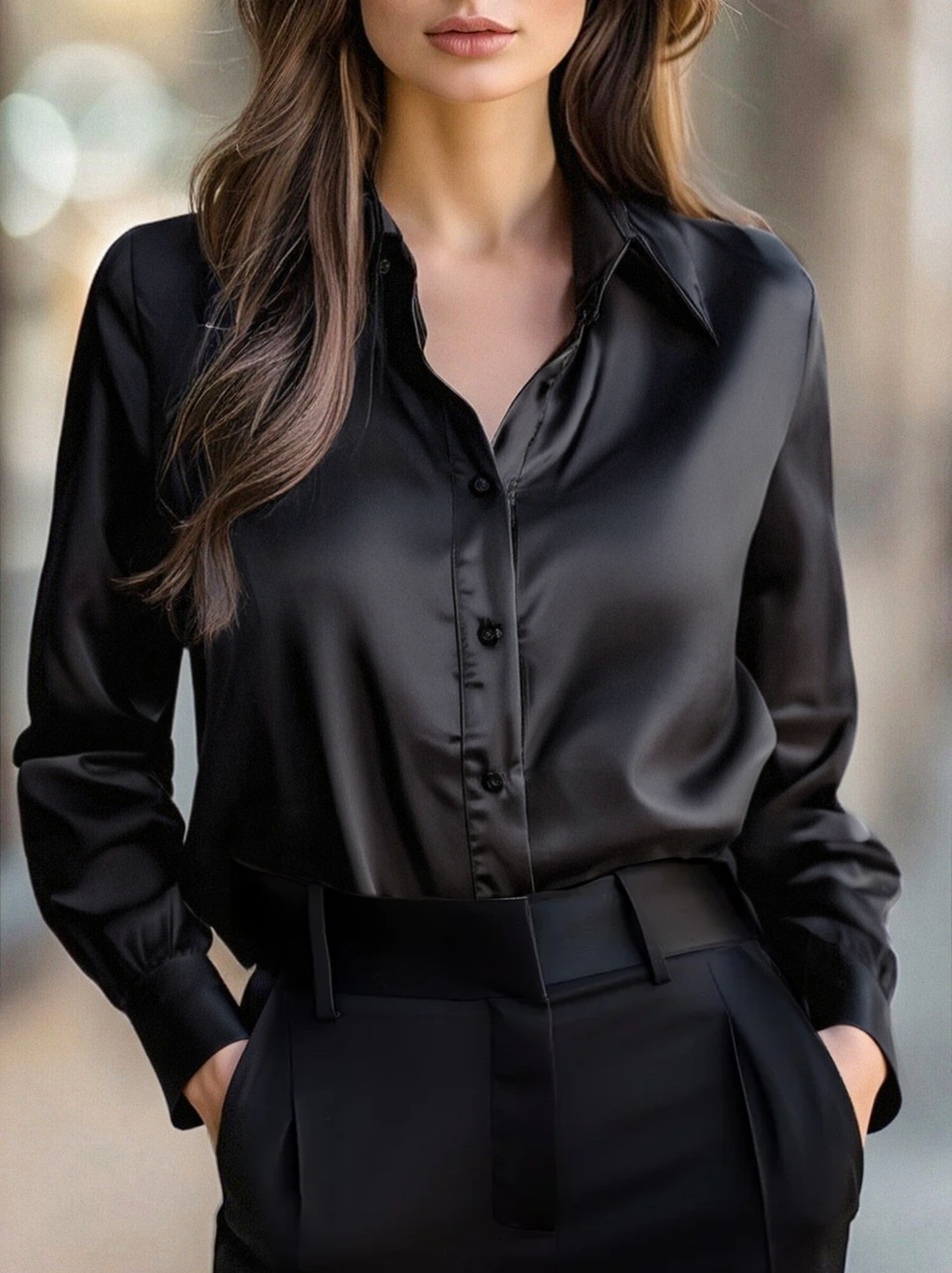 Luna | Black Satin Long Sleeve Blouse - Lumina Vancouver - Lumina Vancouver