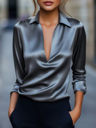 Luna | Silver Satin V-Neck Blouse - Lumina Vancouver - Lumina Vancouver