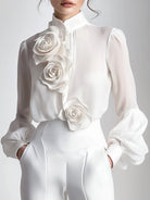 Isabelle | White Blouse With 3D Roses - Lumina Vancouver - Lumina Vancouver