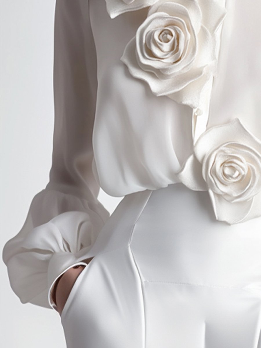 Isabelle | White Blouse With 3D Roses - Lumina Vancouver - Lumina Vancouver