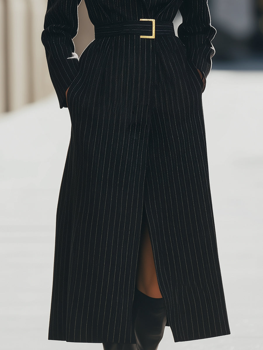 Aurora | Structured Pinstripe Belted Long Coat - Lumina Vancouver - Lumina Vancouver