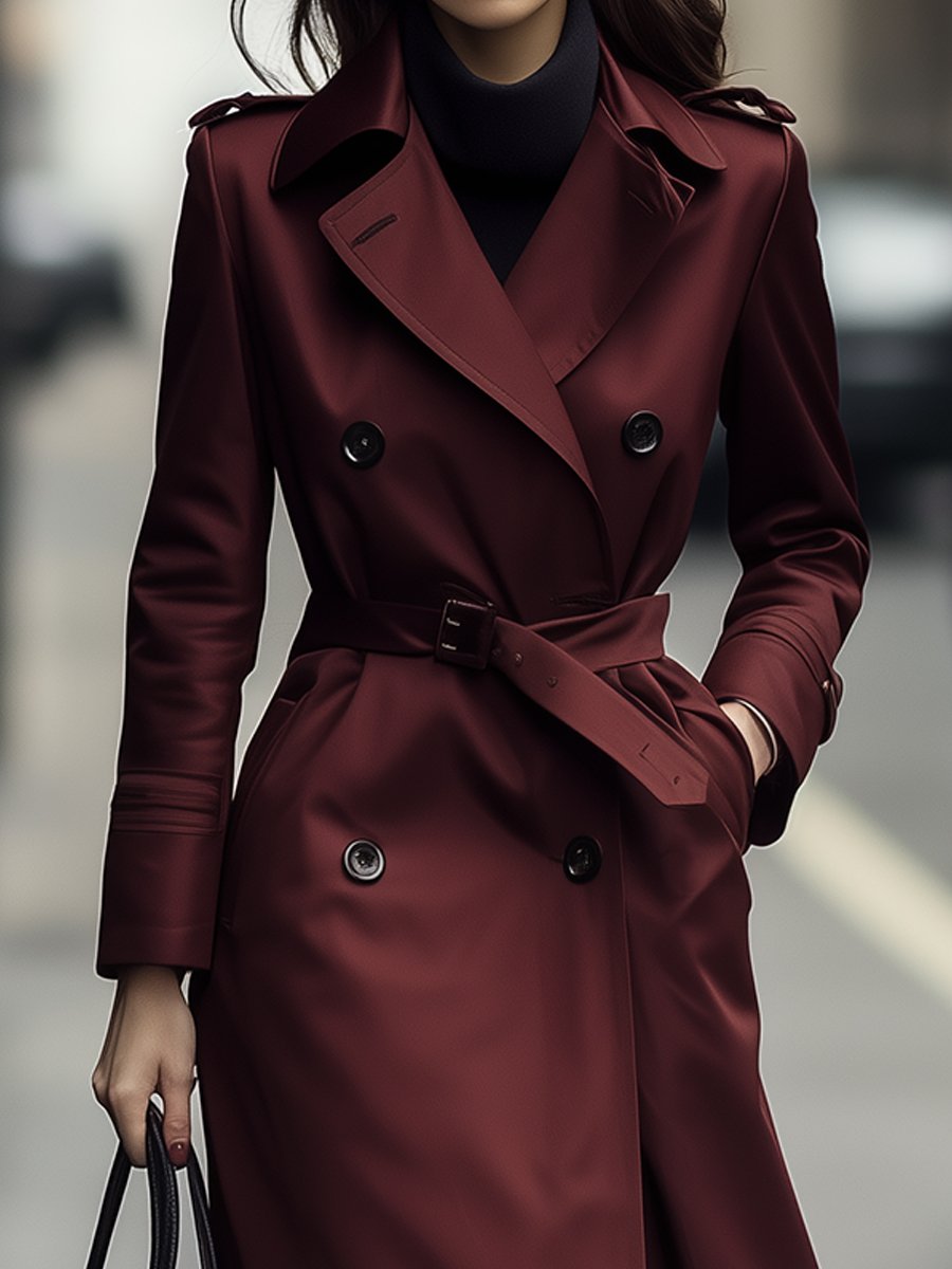 Elena | Double-Breasted Belted Trench Coat in Burgundy - Lumina Vancouver - Lumina Vancouver