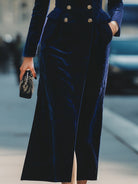 Aurora | Double-Breasted Long Coat in Midnight Blue Velvet - Lumina Vancouver - Lumina Vancouver