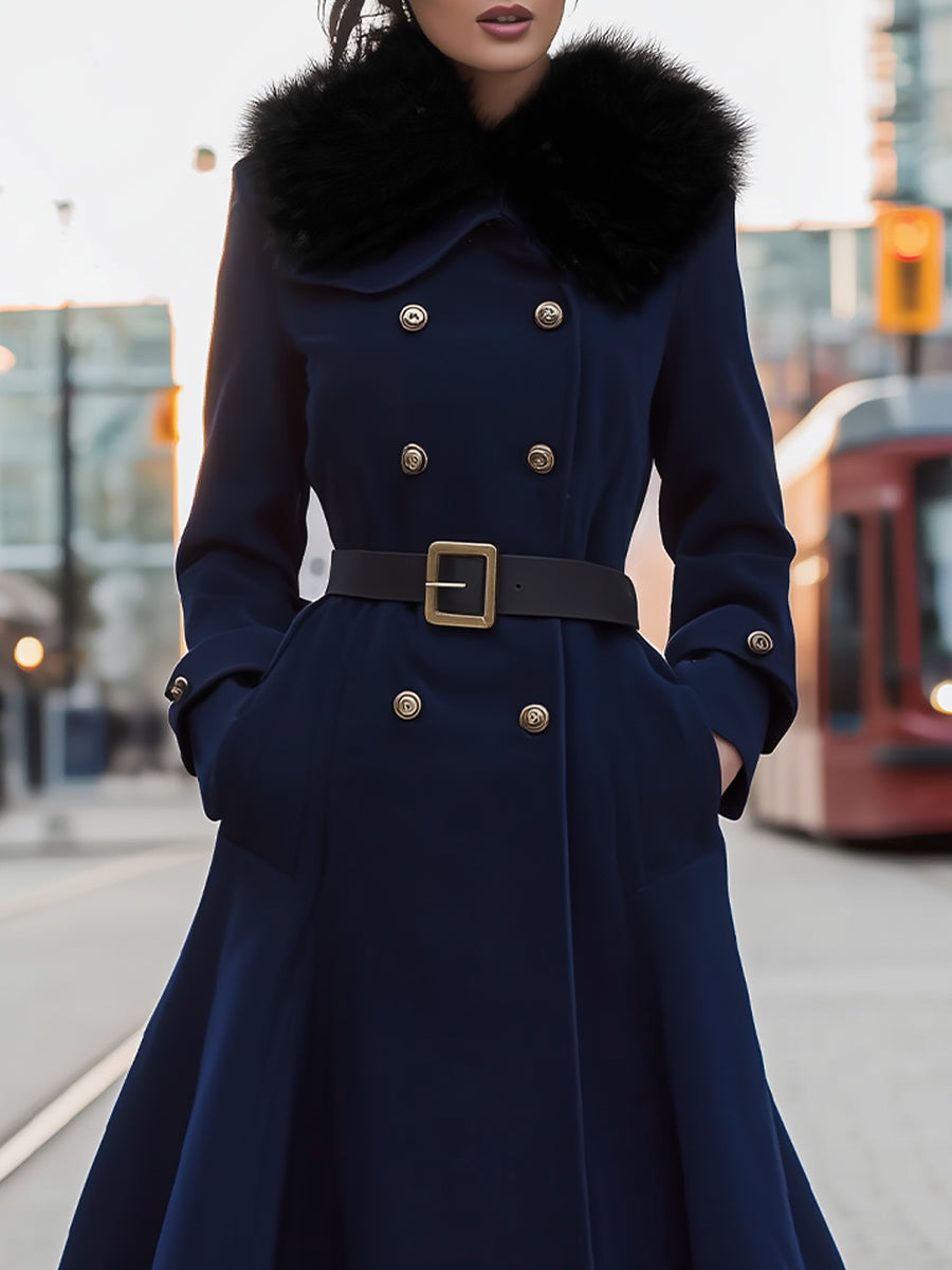 Elena | Double-Breasted Belted Midi Coat with Faux Fur Collar - Lumina Vancouver - Lumina Vancouver
