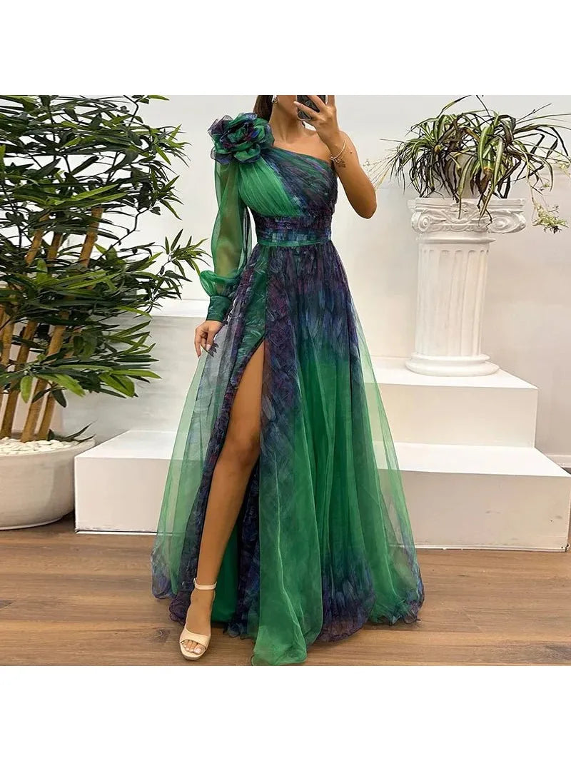 Judith - Trendy One Shoulder Mesh Print Maxi Dress