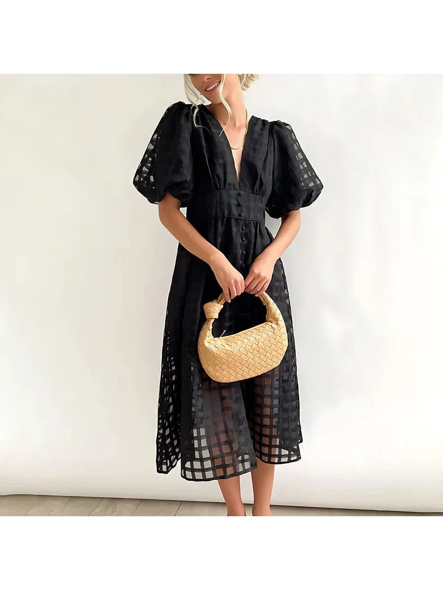 Cindy - Classic Patterned Puff Sleeve Midi Dress