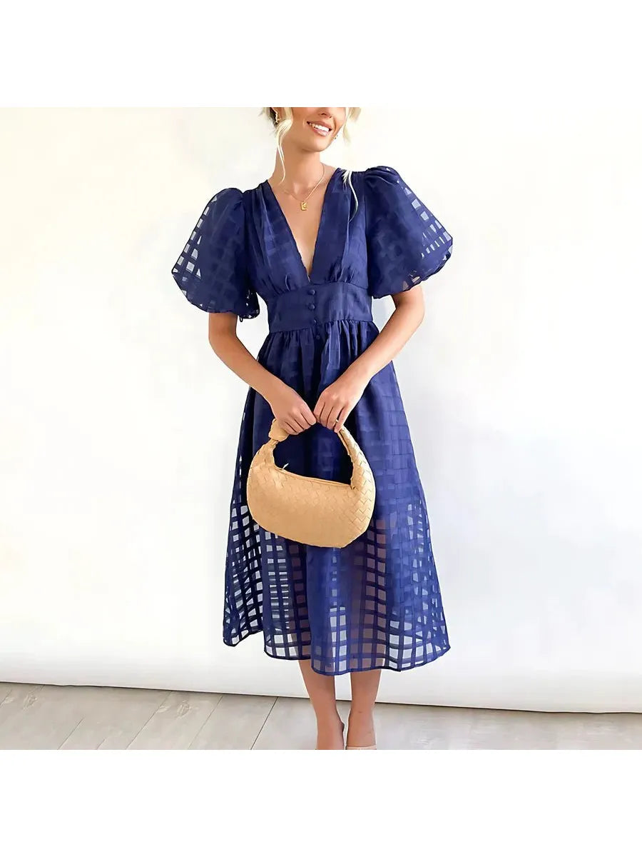 Cindy - Classic Patterned Puff Sleeve Midi Dress