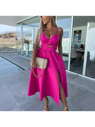 Vanette - Elegant Strappy Front Slit Midi Dress