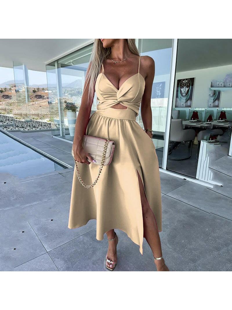 Vanette - Elegant Strappy Front Slit Midi Dress