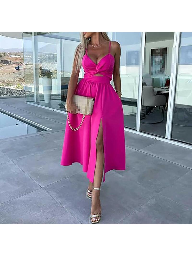 Vanette - Elegant Strappy Front Slit Midi Dress