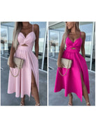 Vanette - Elegant Strappy Front Slit Midi Dress