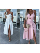 Vanette - Elegant Strappy Front Slit Midi Dress
