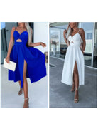 Vanette - Elegant Strappy Front Slit Midi Dress
