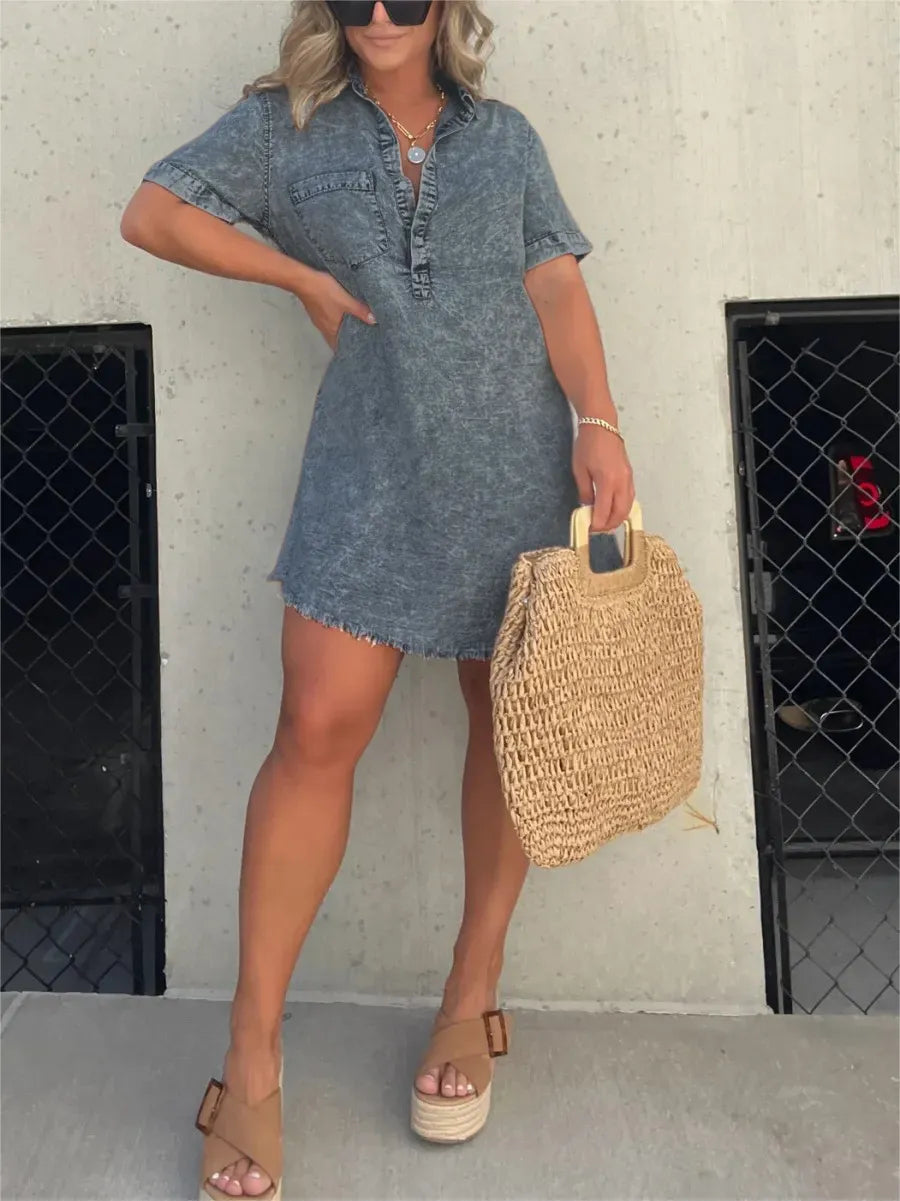 Women's Denim Shirt Dress - Short Sleeve Button Down - Casual Relaxed Fit by Lumina Vancouver