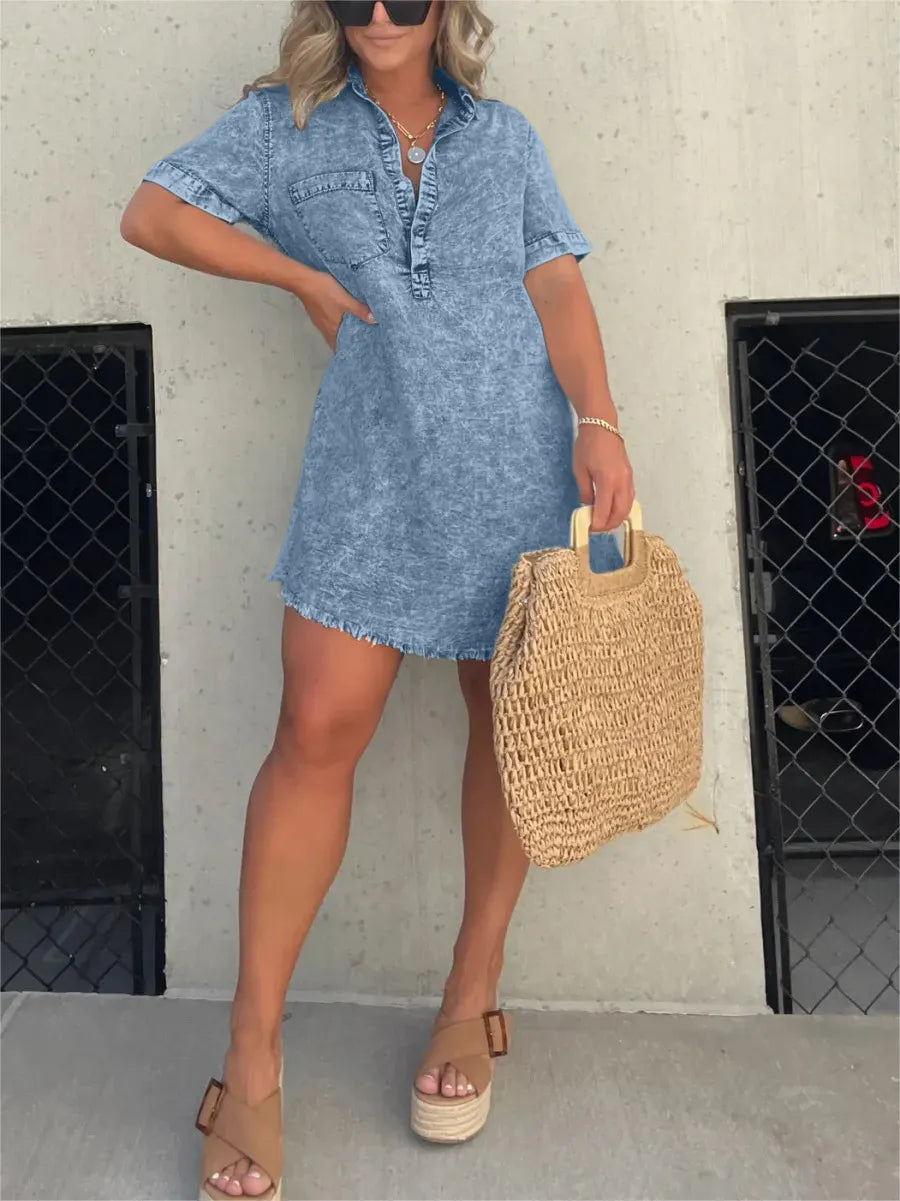 Women's Denim Shirt Dress - Short Sleeve Button Down - Casual Relaxed Fit by Lumina Vancouver
