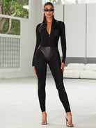 Faux Leather Zipper Stand Collar Jumpsuit