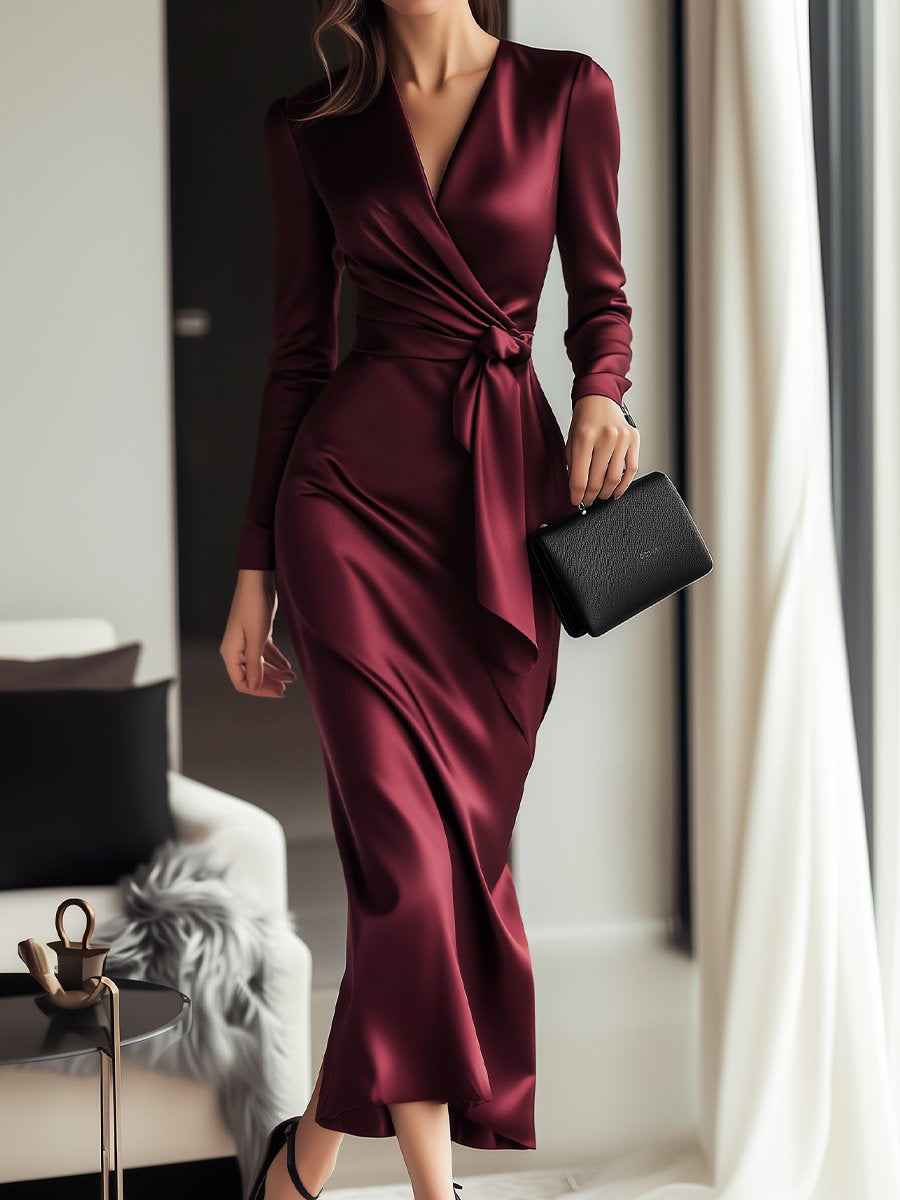 Isabelle | Burgundy Satin Wrap Dress - Lumina Vancouver - Lumina Vancouver