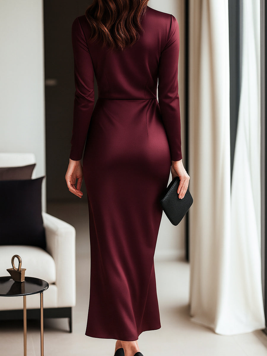 Isabelle | Burgundy Satin Wrap Dress - Lumina Vancouver - Lumina Vancouver