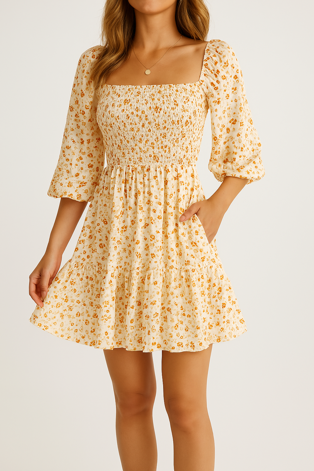 Women’s A-Line Dress – Cotton Blend – Short Sleeve – Smocked Bodice – Tiered Skirt – Pockets by Lumina Vancouver