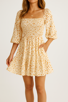 Women’s A-Line Dress – Cotton Blend – Short Sleeve – Smocked Bodice – Tiered Skirt – Pockets by Lumina Vancouver