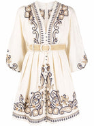 Women's Embroidered Dress - V-Neck - Three-Quarter Sleeve - Belted Waist - Boho Style by Lumina Vancouver