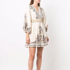 Women's Embroidered Dress - V-Neck - Three-Quarter Sleeve - Belted Waist - Boho Style by Lumina Vancouver