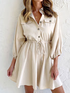 Women's Shirtdress - Button-Down Collared - Long Balloon Sleeves - Elastic Waist Mini Dress by Lumina Vancouver
