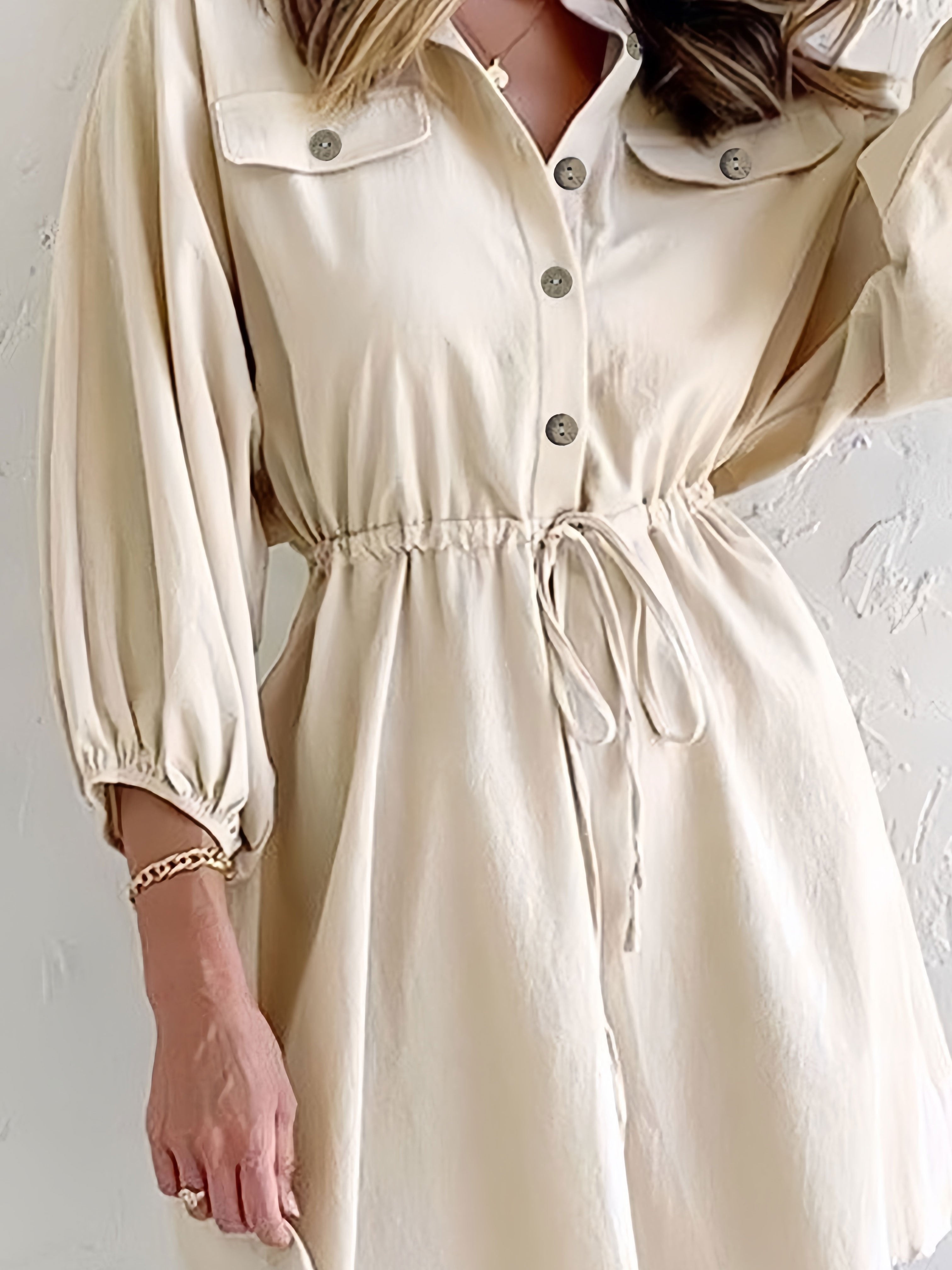 Women's Shirtdress - Button-Down Collared - Long Balloon Sleeves - Elastic Waist Mini Dress by Lumina Vancouver