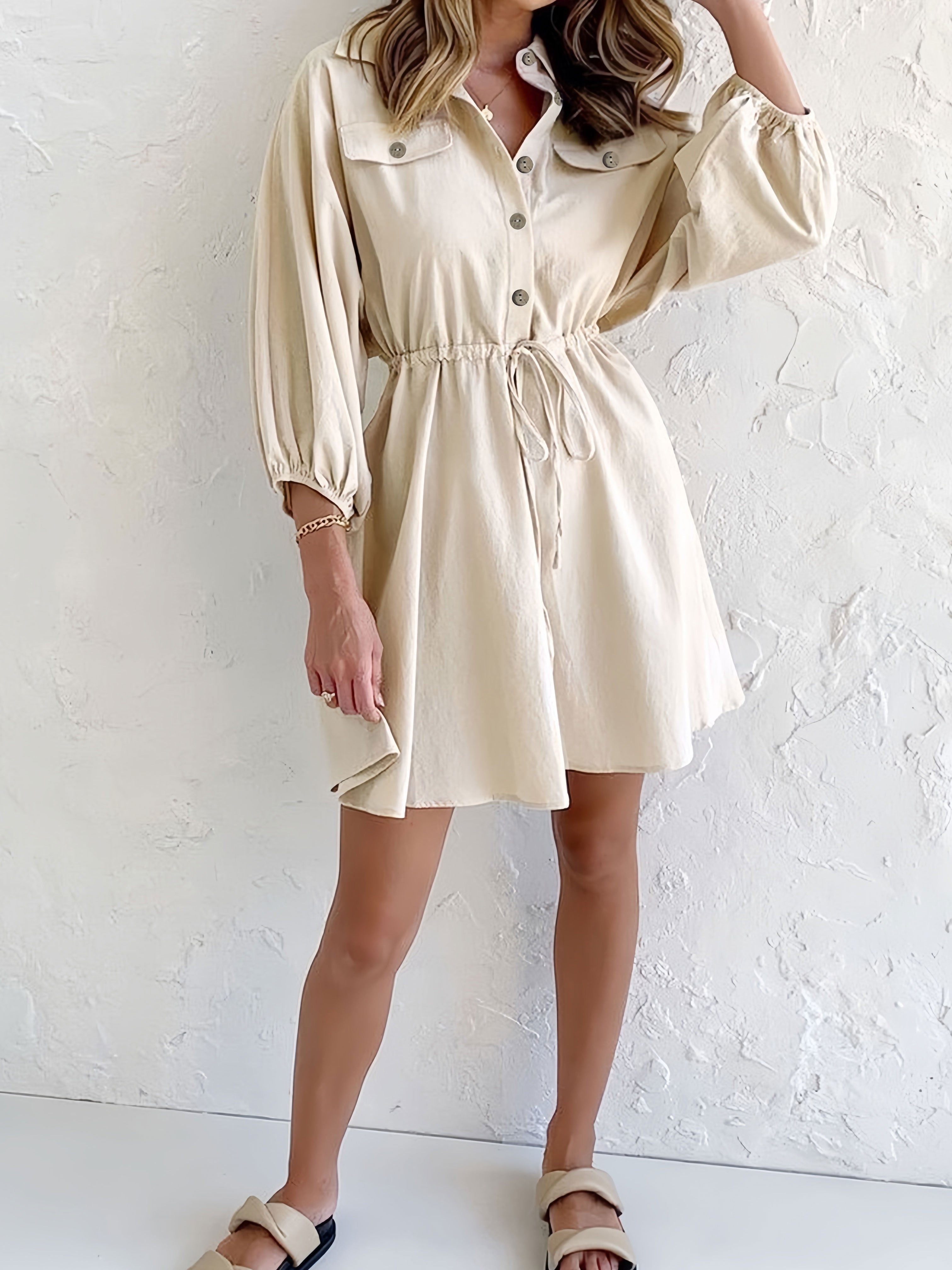 Women's Shirtdress - Button-Down Collared - Long Balloon Sleeves - Elastic Waist Mini Dress by Lumina Vancouver