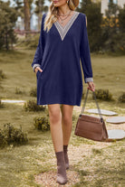 Women's Casual Dress - Loose Fit - V-Neck Lace Trim - Long Sleeve with Pockets by Lumina Vancouver