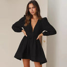 Women's Mini Dress - Fit and Flare - Deep V-Neck - Long Sleeve - Puff Shoulder by Lumina Vancouver