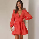 Women's Mini Dress - Fit and Flare - Deep V-Neck - Long Sleeve - Puff Shoulder by Lumina Vancouver