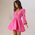 Women's Mini Dress - Fit and Flare - Deep V-Neck - Long Sleeve - Puff Shoulder by Lumina Vancouver