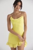 Women's Cocktail Dress - Cowl Neck - Sleeveless Spaghetti Straps - Fitted Silhouette - Ruffle Hem by Lumina Vancouver