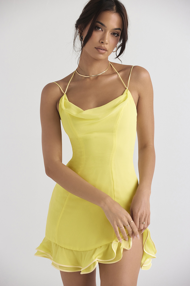 Women's Cocktail Dress - Cowl Neck - Sleeveless Spaghetti Straps - Fitted Silhouette - Ruffle Hem by Lumina Vancouver