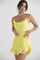 Women's Cocktail Dress - Cowl Neck - Sleeveless Spaghetti Straps - Fitted Silhouette - Ruffle Hem by Lumina Vancouver